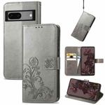 For Google Pixel 7 5G Four-leaf Clasp Embossed Buckle Leather Phone Case(Gray)