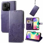 For Xiaomi Redmi 10A Four-leaf Clasp Embossed Buckle Leather Phone Case(Purple)