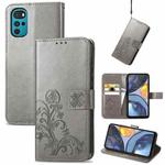 For Motorola Moto G22 Four-leaf Clasp Embossed Buckle Leather Phone Case(Grey)