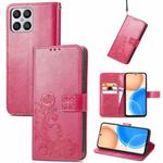 For Honor X8 4G Four-leaf Clasp Embossed Buckle Leather Phone Case(Rose Red)