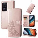 For Xiaomi Redmi K40S Four-leaf Clasp Embossed Buckle Leather Phone Case(Rose Gold)