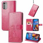 For Motorola Moto E32 Four-leaf Clasp Embossed Buckle Leather Phone Case(Magenta)