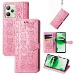 For OPPO Realme C35 Cute Cat and Dog Embossed Flip Leather Phone Case(Pink)