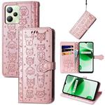 For OPPO Realme C35 Cute Cat and Dog Embossed Flip Leather Phone Case(Rose Gold)