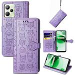 For OPPO Realme C35 Cute Cat and Dog Embossed Flip Leather Phone Case(Purple)
