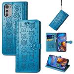 For Motorola Moto E32 Cute Cat and Dog Embossed Flip Leather Phone Case(Blue)