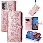 For Motorola Moto E32 Cute Cat and Dog Embossed Flip Leather Phone Case(Rose Gold)