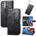 For Motorola Moto E32 Butterfly Love Flower Embossed Flip Leather Phone Case(Black)
