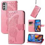For Motorola Moto E32 Butterfly Love Flower Embossed Flip Leather Phone Case(Pink)