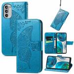 For Motorola Moto G52 Butterfly Love Flower Embossed Flip Leather Phone Case(Blue)