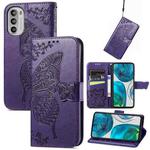 For Motorola Moto G52 Butterfly Love Flower Embossed Flip Leather Phone Case(Dark Purple)