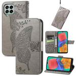 For Samsung Galaxy M33 5G Butterfly Love Flower Embossed Flip Leather Phone Case(Gray)
