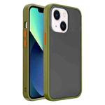 For iPhone 14 Plus Frosted Skin Feel PC Contrast Color Button Phone Case (Green+Orange)