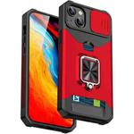 For iPhone 14 Sliding Camshield Card Slot Ring Kickstand Phone Case (Red)