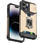 For iPhone 14 Pro Max Sliding Camshield Card Slot Ring Kickstand Phone Case (Gold)