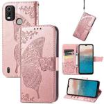 For Nokia C21 Plus Butterfly Love Flower Embossed Horizontal Flip Leather Phone Case(Rose Gold)