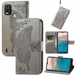 For Nokia C21 Plus Butterfly Love Flower Embossed Horizontal Flip Leather Phone Case(Gray)