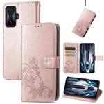For Xiaomi Redmi K50 Gaming Four-leaf Clasp Embossed Buckle Leather Phone Case(Rose Gold)