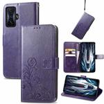For Xiaomi Redmi K50 Gaming Four-leaf Clasp Embossed Buckle Leather Phone Case(Purple)