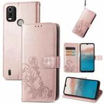 For Nokia C21 Plus Four-leaf Clasp Embossed Buckle Leather Phone Case(Rose Gold)