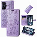 For Xiaomi Redmi K50 Gaming Cute Cat and Dog Embossed Leather Phone Case(Purple)