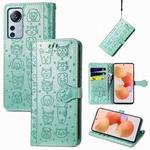 For Xiaomi 12 Lite Cute Cat and Dog Embossed Leather Phone Case(Green)