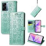For OPPO A57 5G Cute Cat and Dog Embossed Horizontal Flip Leather Case(Green)