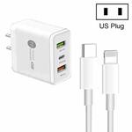 45W PD3.0 + 2 x QC3.0 USB Multi Port Charger with Type-C to 8 Pin Cable, US Plug(White)