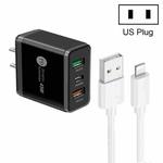 45W PD25W + 2 x QC3.0 USB Multi Port Charger with USB to 8 Pin Cable, US Plug(Black)