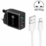 45W PD25W + 2 x QC3.0 USB Multi Port Charger with USB to 8 Pin Cable, UK Plug(Black)
