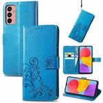 For Samsung Galaxy M13 4G Four-leaf Clasp Embossed Buckle Leather Phone Case(Blue)