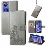 For Realme GT Neo 3 Four-leaf Clasp Embossed Buckle Leather Phone Case(Gray)