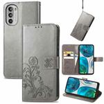 For Motorola Moto G52 Four-leaf Clasp Embossed Buckle Leather Phone Case(Gray)