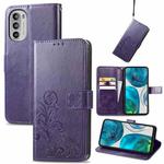 For Motorola Moto G52 Four-leaf Clasp Embossed Buckle Leather Phone Case(Purple)