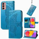 For Samsung Galaxy M13 4G Butterfly Love Flower Embossed Flip Leather Phone Case(Blue)