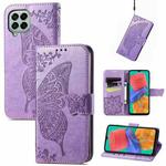 For Samsung Galaxy M33 4G Butterfly Love Flower Embossed Flip Leather Phone Case(Light Purple)