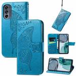For Motorola Moto G62 Butterfly Love Flower Embossed Flip Leather Phone Case(Blue)