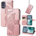 For Motorola Moto G62 Butterfly Love Flower Embossed Flip Leather Phone Case(Rose Gold)