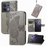 For OPPO Reno8 Butterfly Love Flower Embossed Flip Leather Phone Case(Gray)