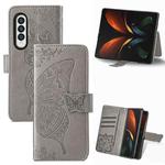 For Samsung Galaxy Z Fold4 Butterfly Love Flower Embossed Horizontal Flip Leather Phone Case(Gray)