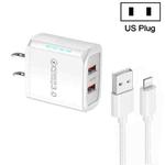 36W Dual Port QC3.0 USB Charger with 3A USB to 8 Pin Data Cable, US Plug(White)