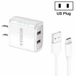 36W Dual Port QC3.0 USB Charger with 3A USB to Type-C Data Cable, US Plug(White)