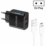 36W Dual Port QC3.0 USB Charger with 3A USB to Type-C Data Cable , EU Plug(Black)
