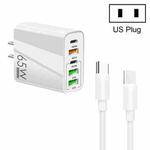 65W Dual PD Type-C + 3 x USB Multi Port Charger with 3A Type-C to Type-C Data Cable, US Plug(White)