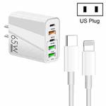65W Dual PD Type-C + 3 x USB Multi Port Charger with 3A Type-C to 8 Pin Data Cable, US Plug(White)