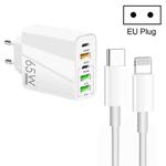 65W Dual PD Type-C + 3 x USB Multi Port Charger with 3A Type-C to 8 Pin Data Cable, EU Plug(White)