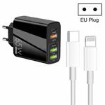 65W Dual PD Type-C + 3 x USB Multi Port Charger with 3A Type-C to 8 Pin Data Cable, EU Plug(Black)