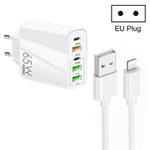 65W Dual PD Type-C + 3 x USB Multi Port Charger with 3A USB to 8 Pin Data Cable, EU Plug(White)