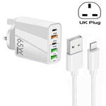 65W Dual PD Type-C + 3 x USB Multi Port Charger with 3A USB to 8 Pin Data Cable, UK Plug(White)