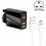 65W Dual PD Type-C + 3 x USB Multi Port Charger with 3A USB to Type-C Data Cable, UK Plug(Black)